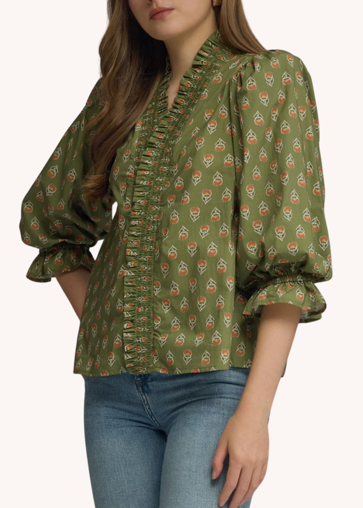 Caden Cotton Blockprint Top in Olive