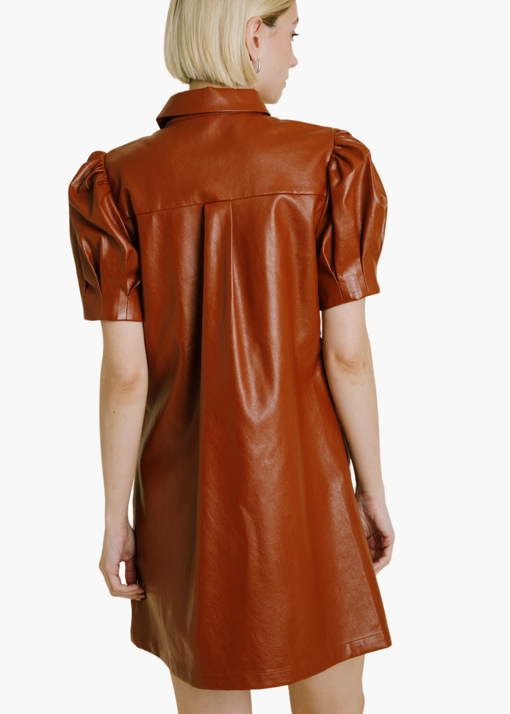 Veronica Vegan Leather Mini Dress in Cognac