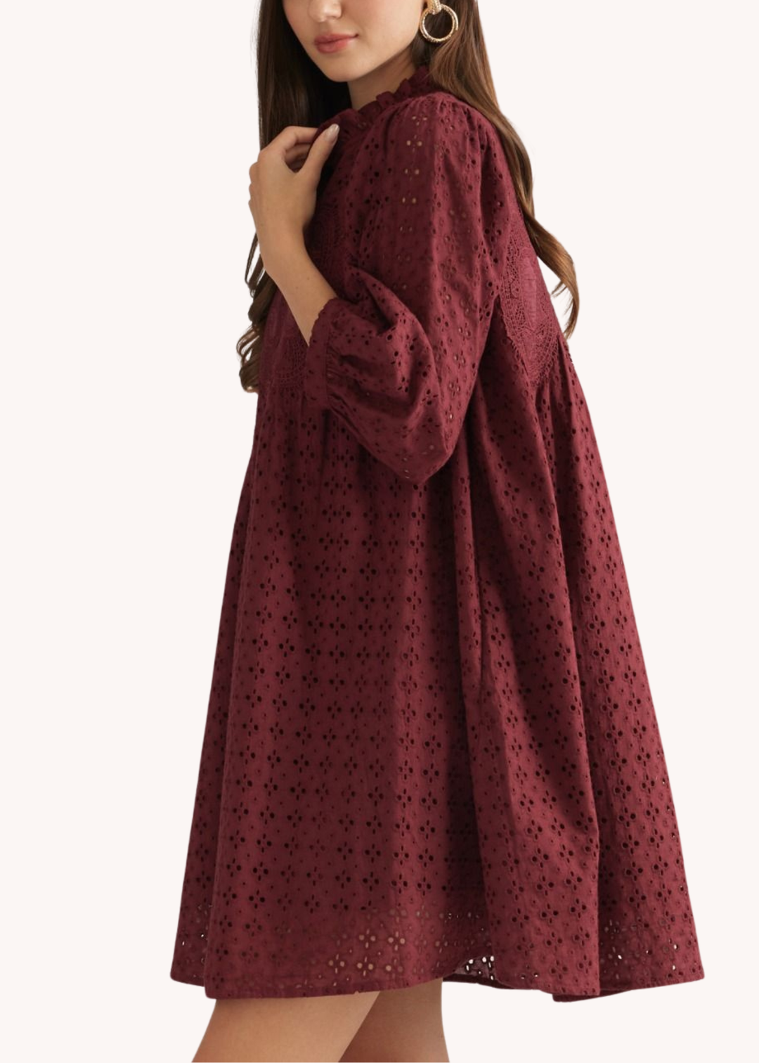 Penelope Cotton Eyelet Mini Dress in Burgundy