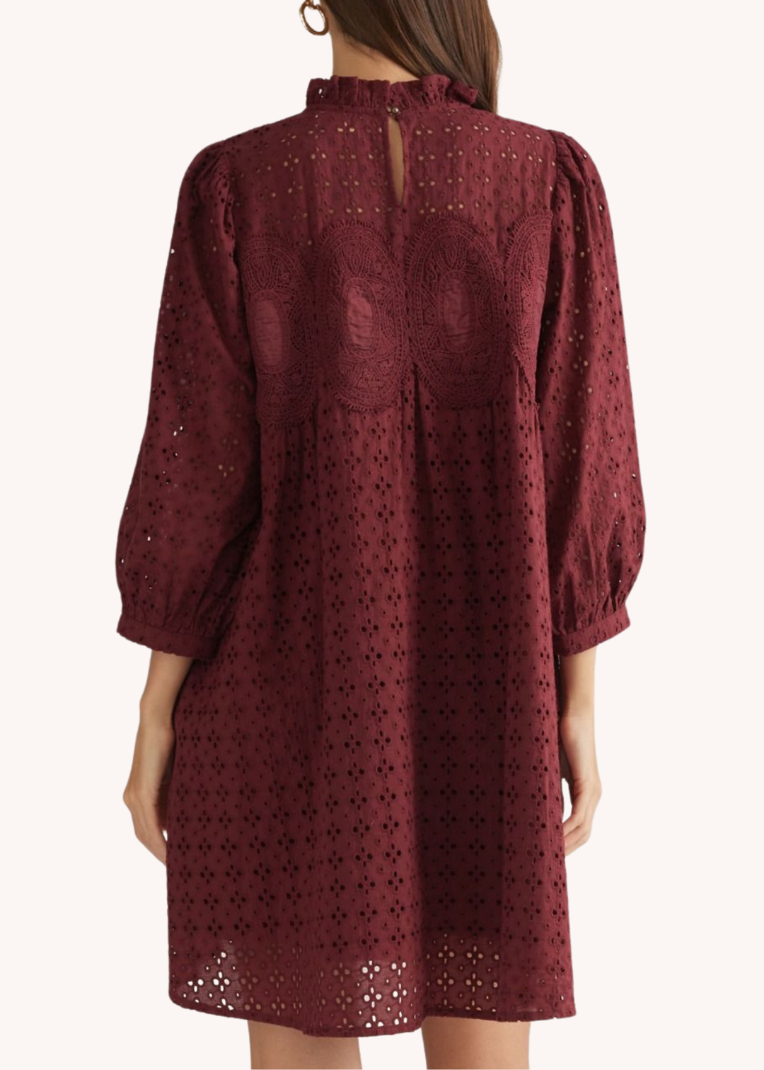 Penelope Cotton Eyelet Mini Dress in Burgundy