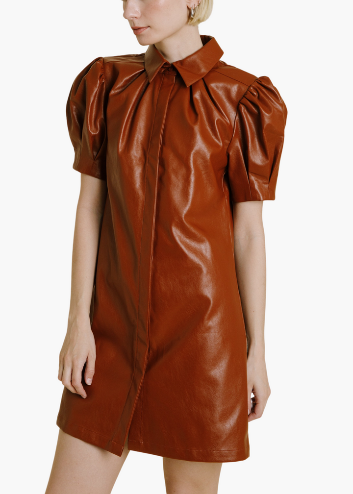 Veronica Vegan Leather Mini Dress in Cognac