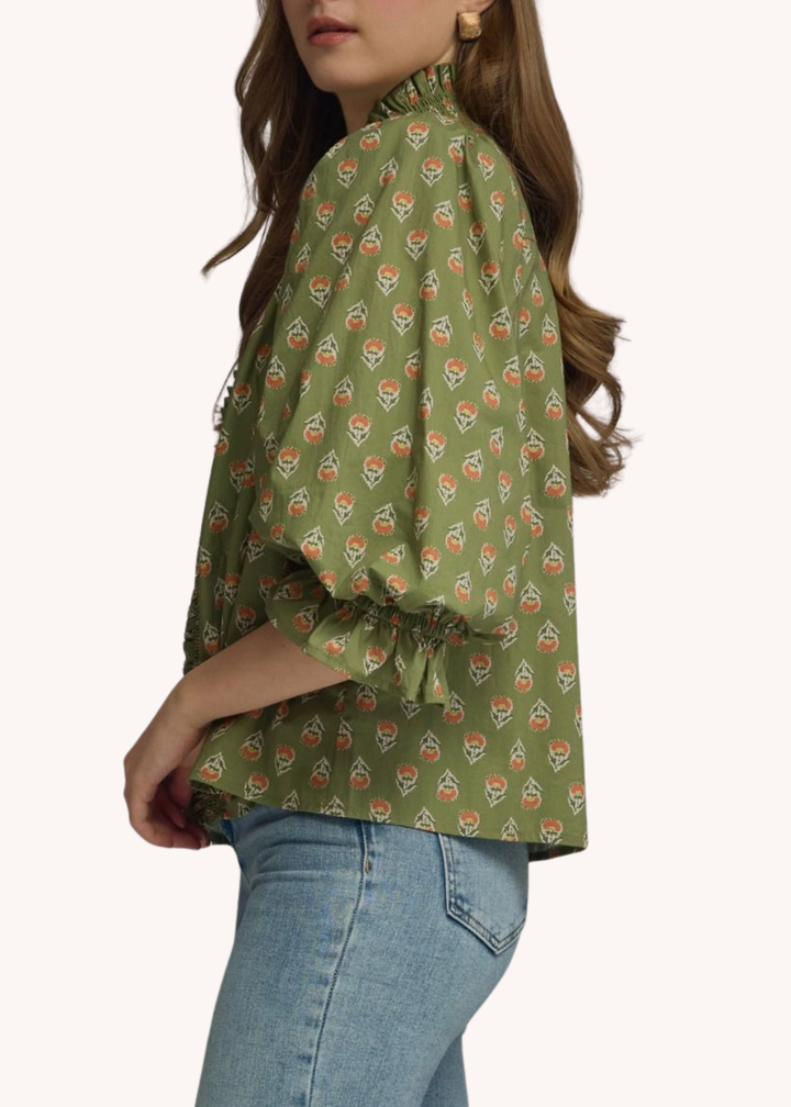 Caden Cotton Blockprint Top in Olive