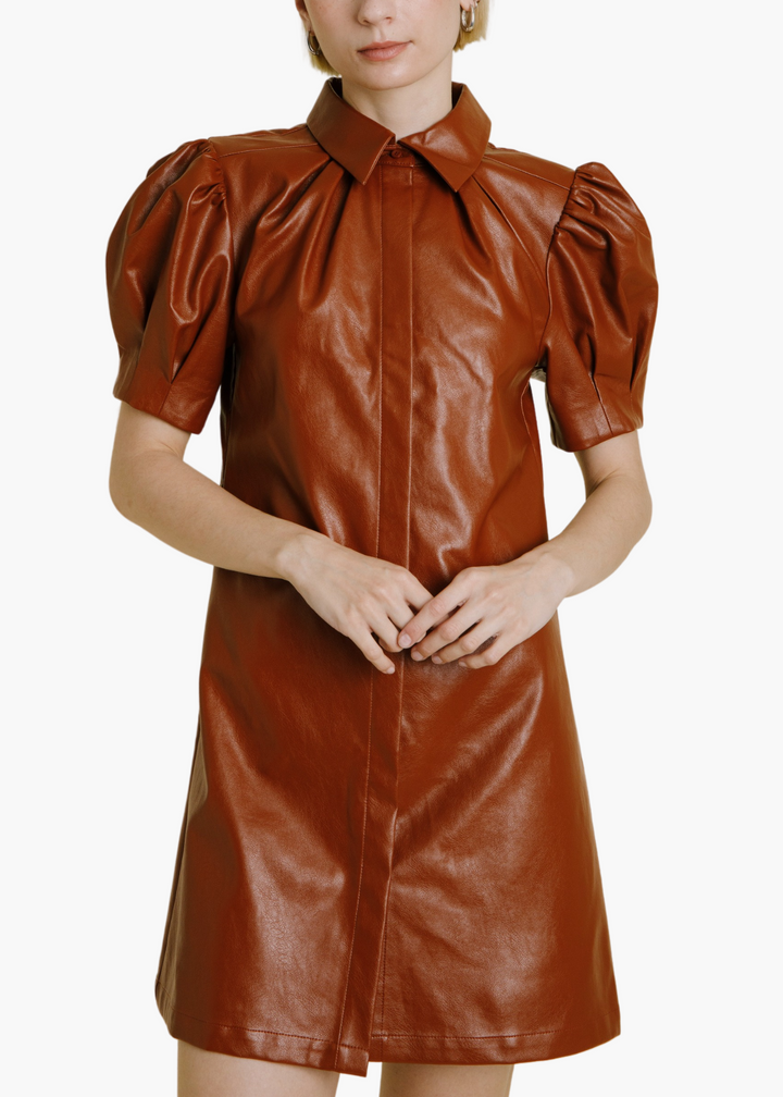 Veronica Vegan Leather Mini Dress in Cognac