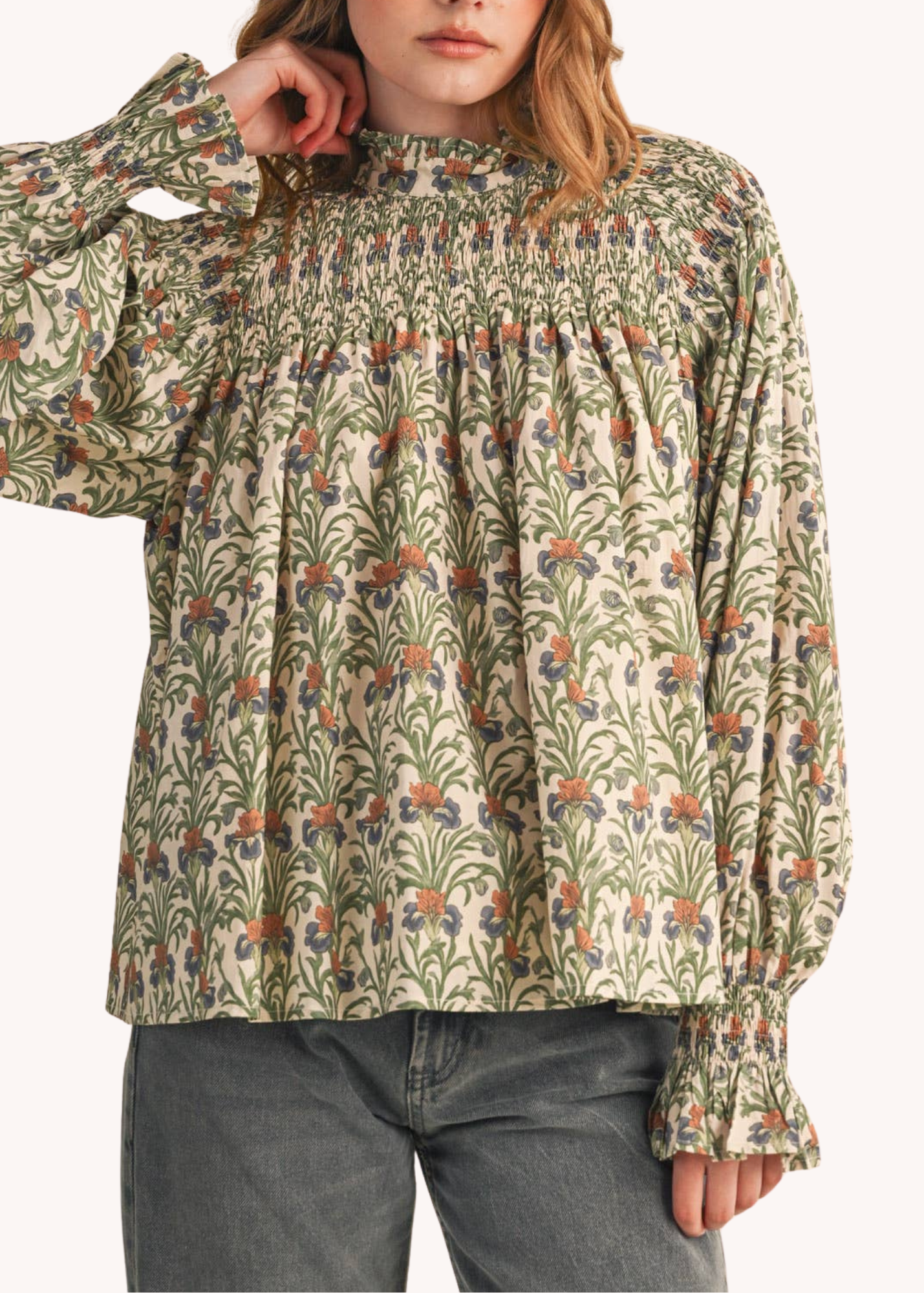 Kaki Smocked Cotton Top in Ecru