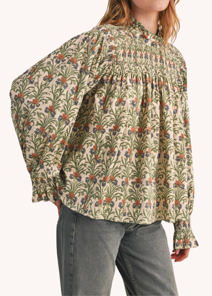 Kaki Smocked Cotton Top in Ecru