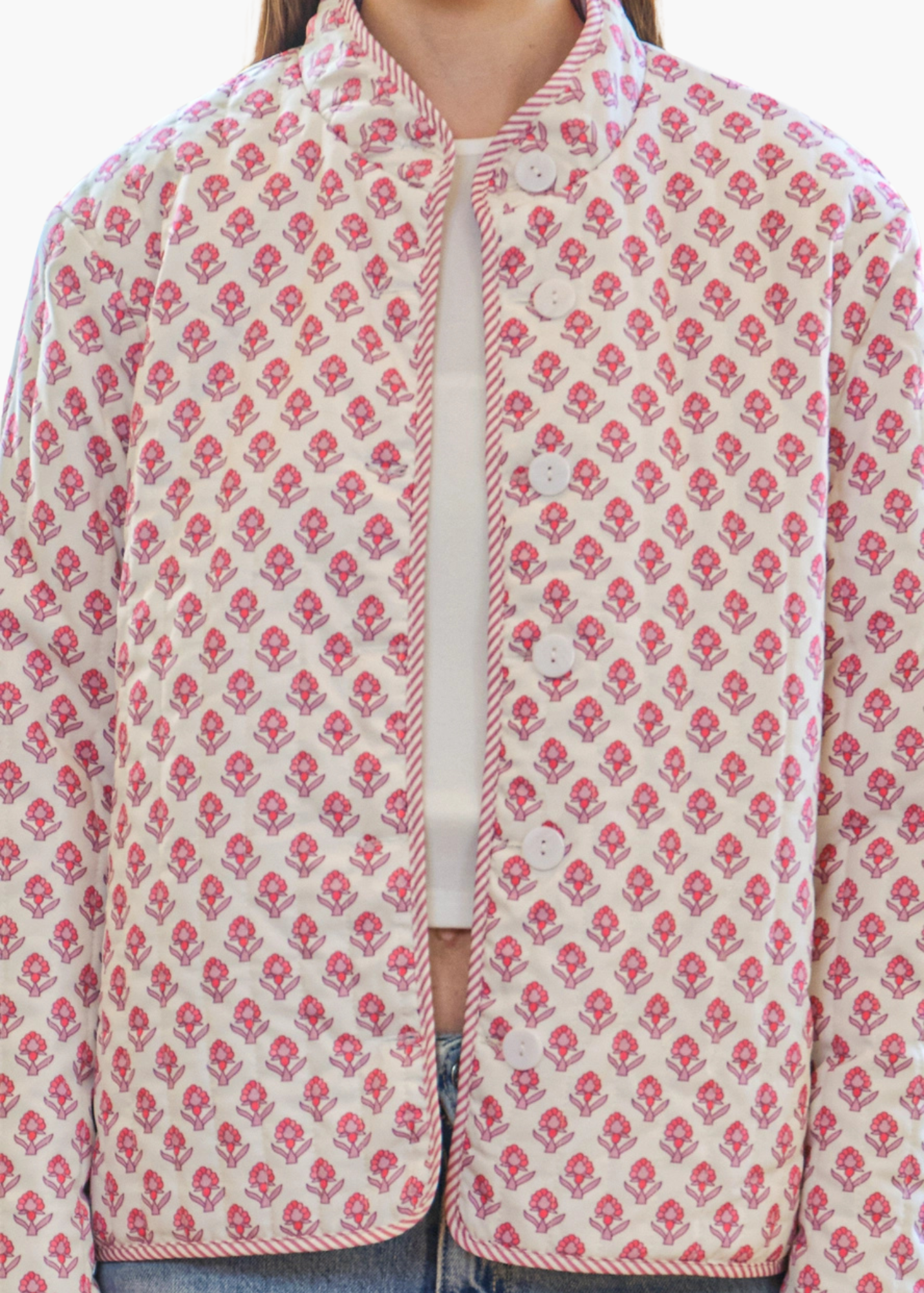 Block Print Floral and Stripe Reversible Jacket in Rose