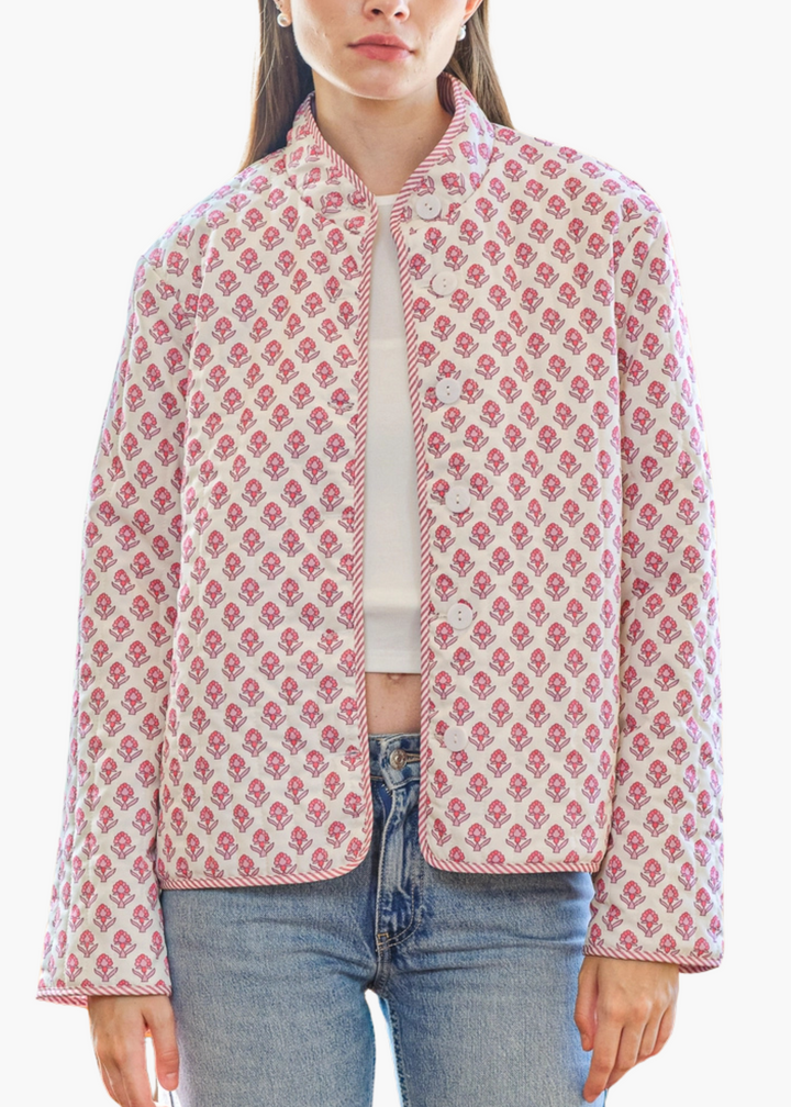 Block Print Floral and Stripe Reversible Jacket in Rose