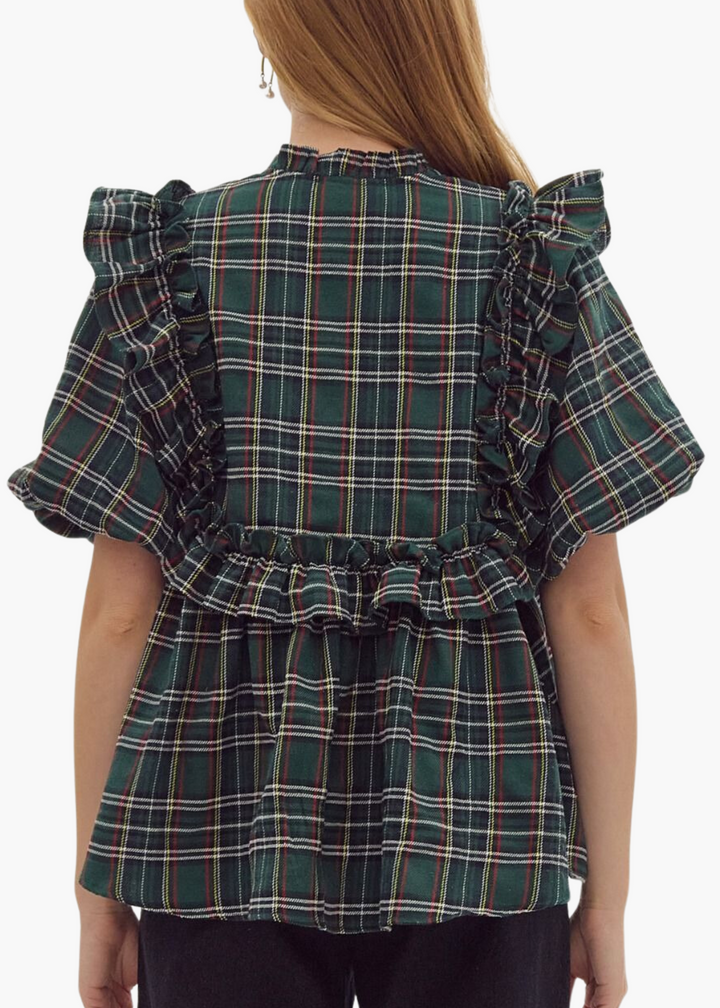 Evan Ruffle Top in Green Plaid