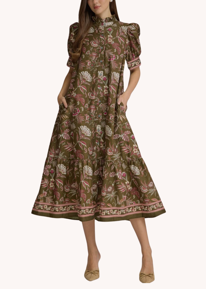 Kelly Cotton Midi Dress in Olive