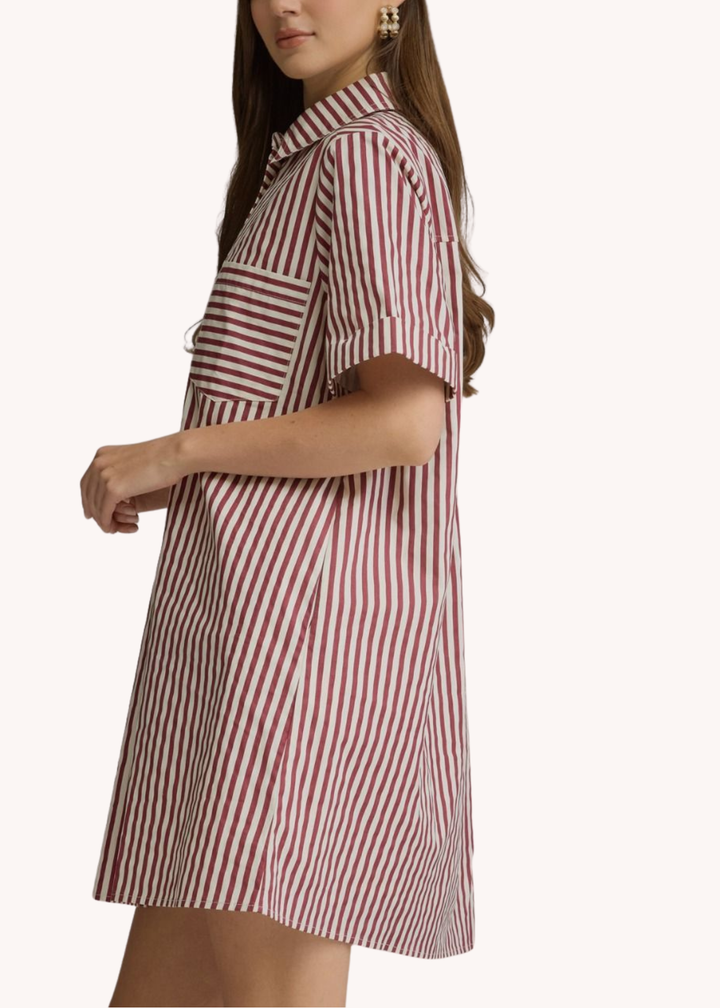Caroline Cotton Mini Striped Dress in Burgundy