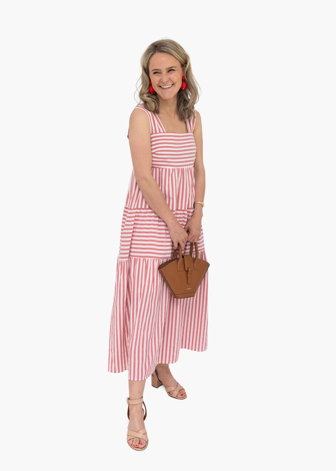 Striped Midi Dress in Red and Light Pink