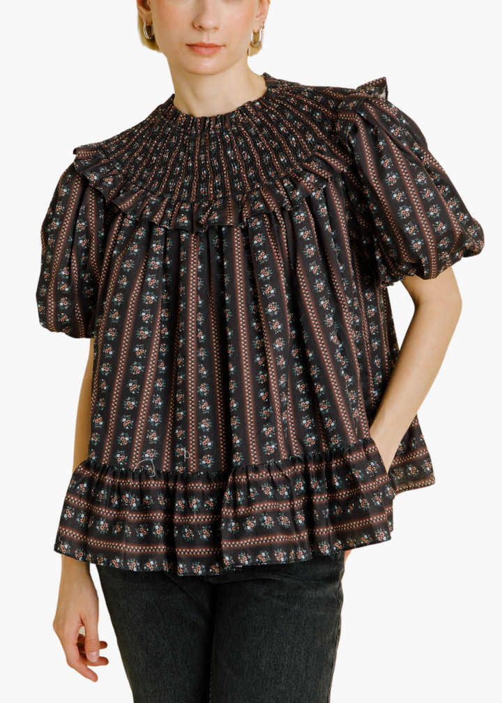 Edith Smocked Ruffle Top in Black