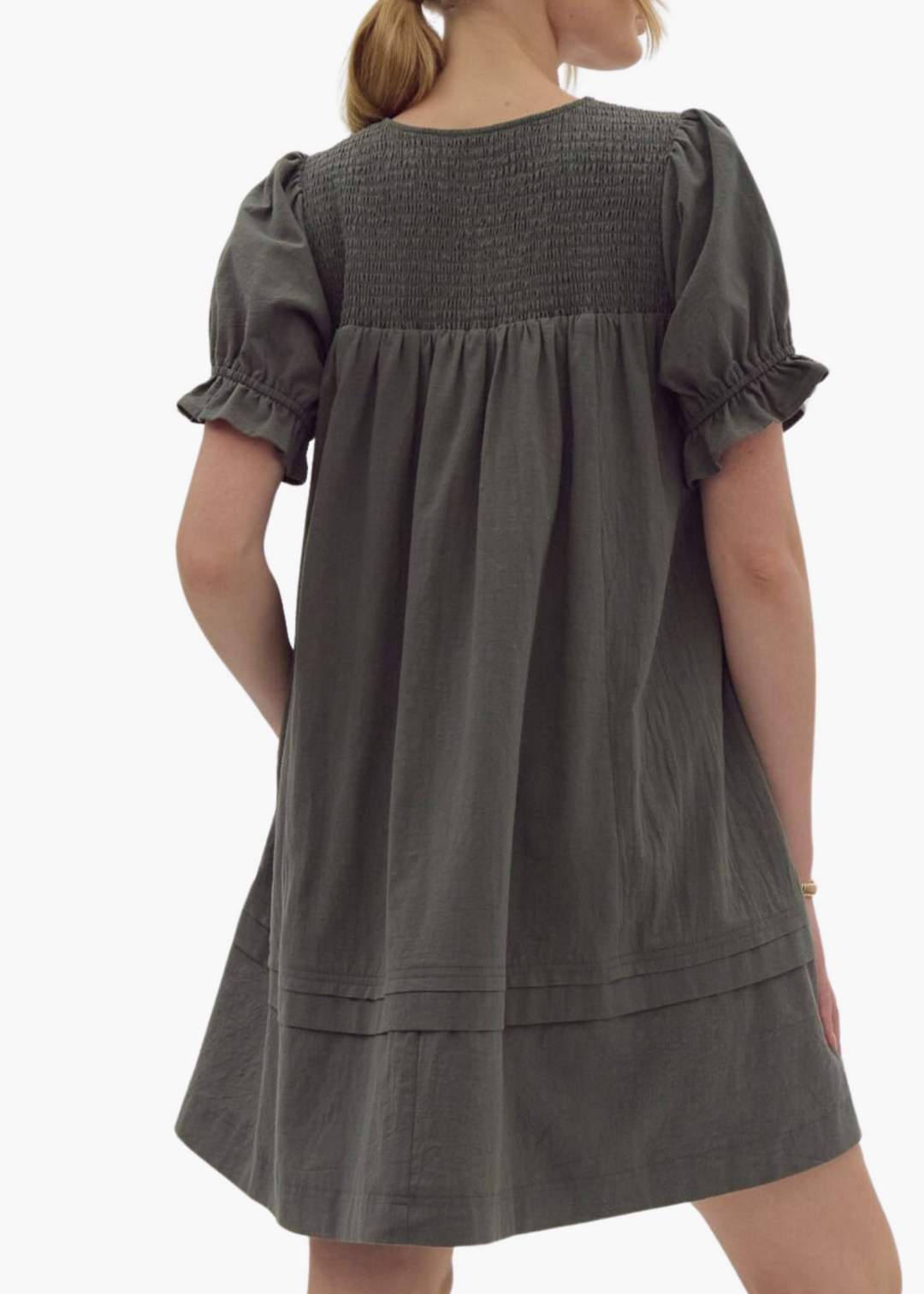 Ellen Smocked Mini Dress in Olive