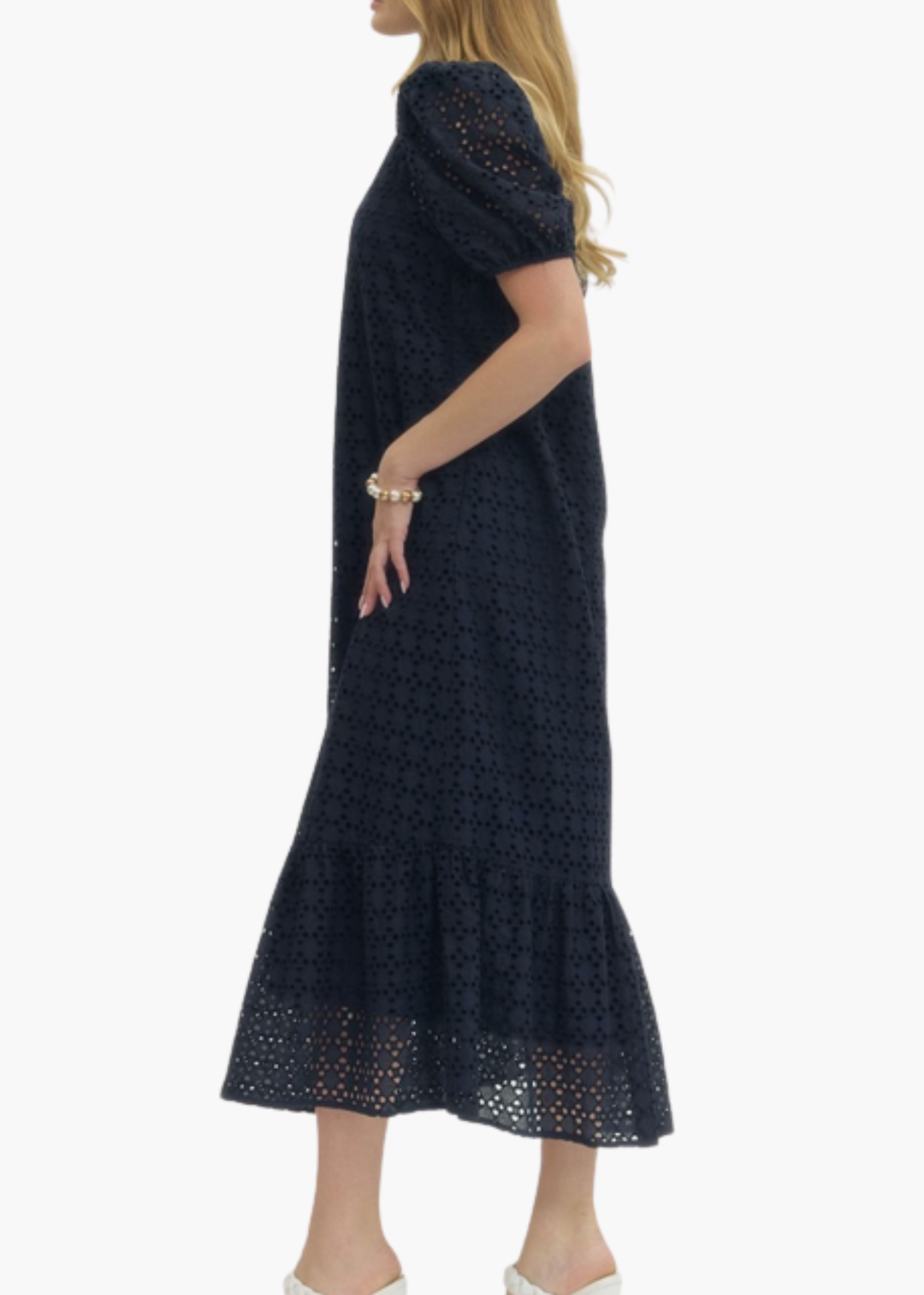 Laura Midi Dress in Navy Eyelet