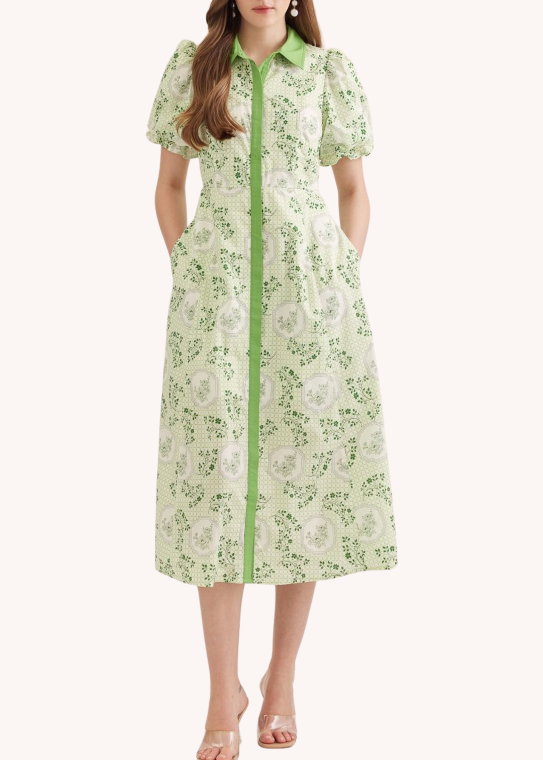 Puff Sleeve Cotton Midi Dress in Green M Puff Sleeve Cotton Midi Dress in Green M