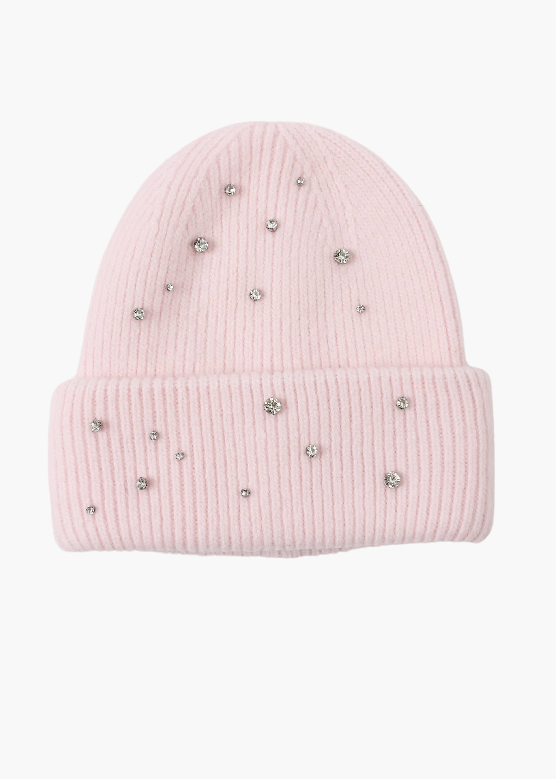 Crystal Embellished Angora Beanie Hat: Pink
