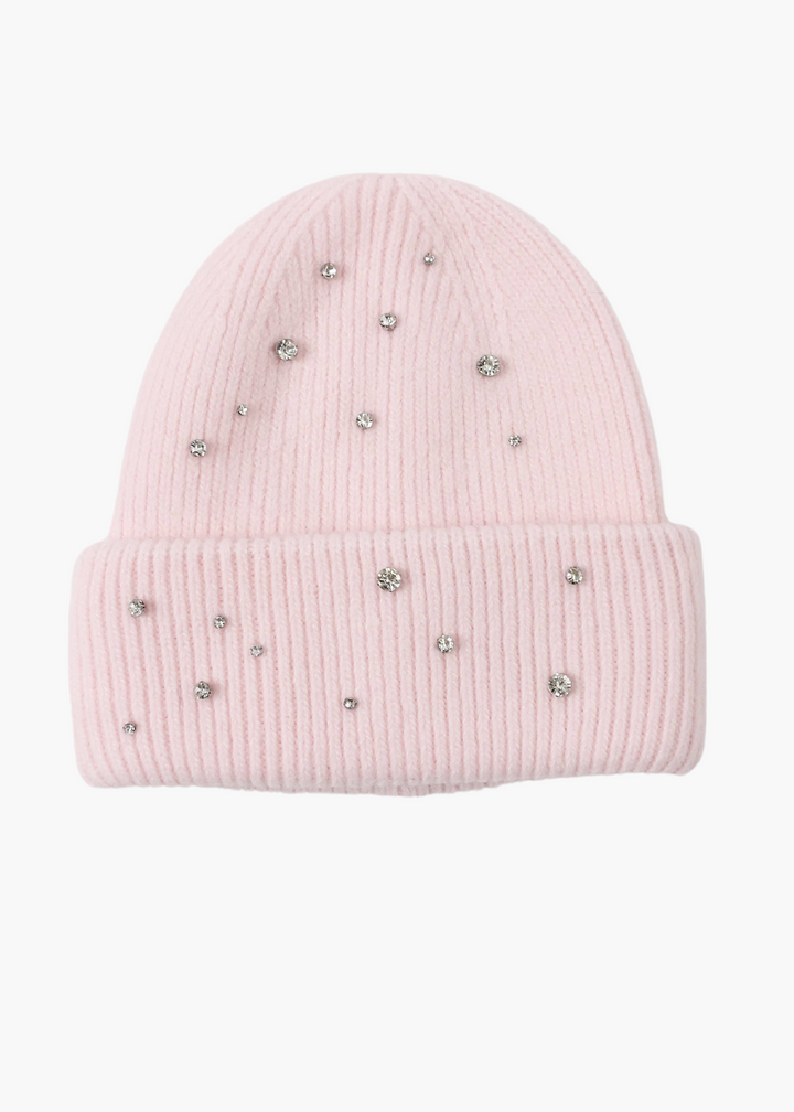 Crystal Embellished Angora Beanie Hat: Pink