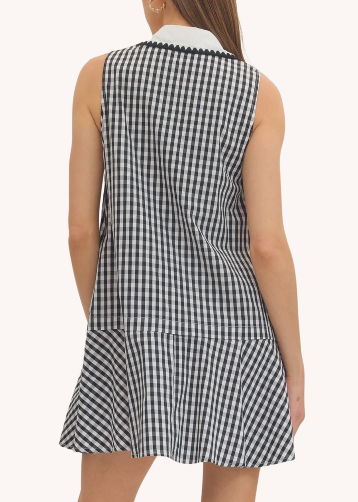 Gingham Cotton Mini Dress in Black
