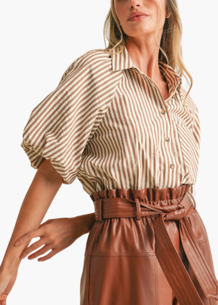 Marsella Button Up Top in Pecan Stripe