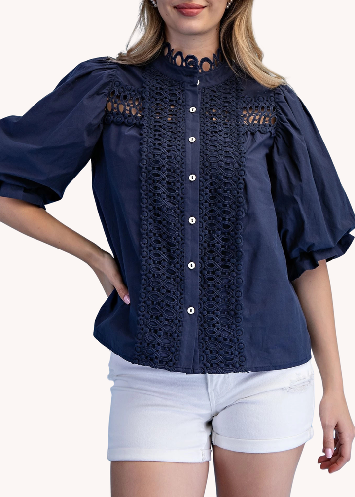 Marlena Puff Sleeve Top in Navy