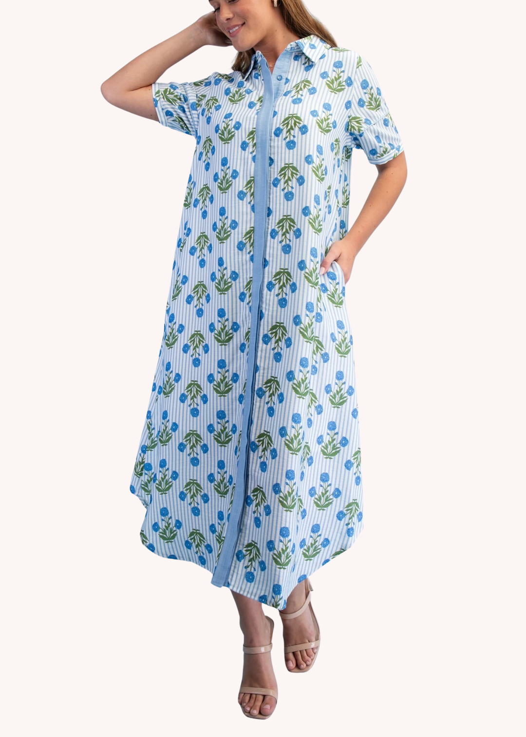 Madeline Block Print Midi Dress in Blue