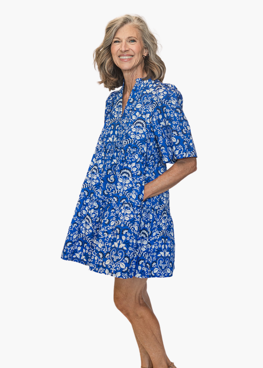 Lulu Split Neck Shift Dress in Royal