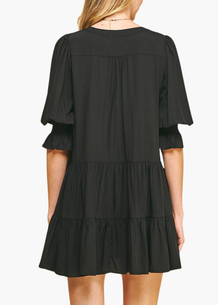 Hollis Smocked Sleeve V-Neck Dress in Black