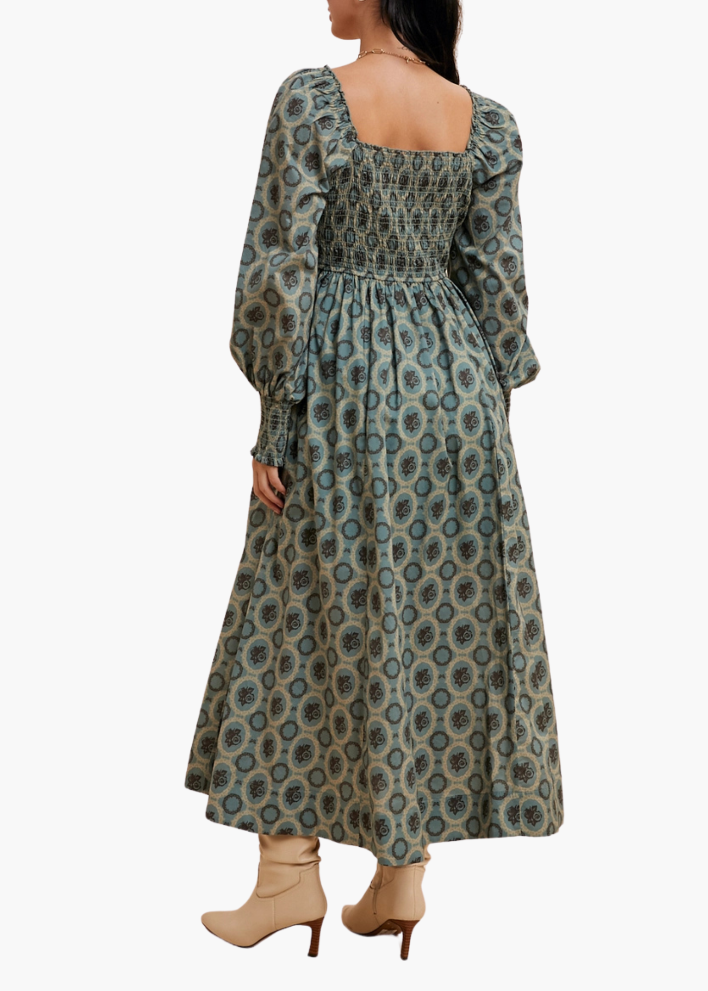 Smocked Square Neck Maxi Dress in Sage