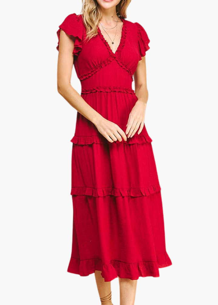 Laurel Ruffled Midi Dress in Cranberry