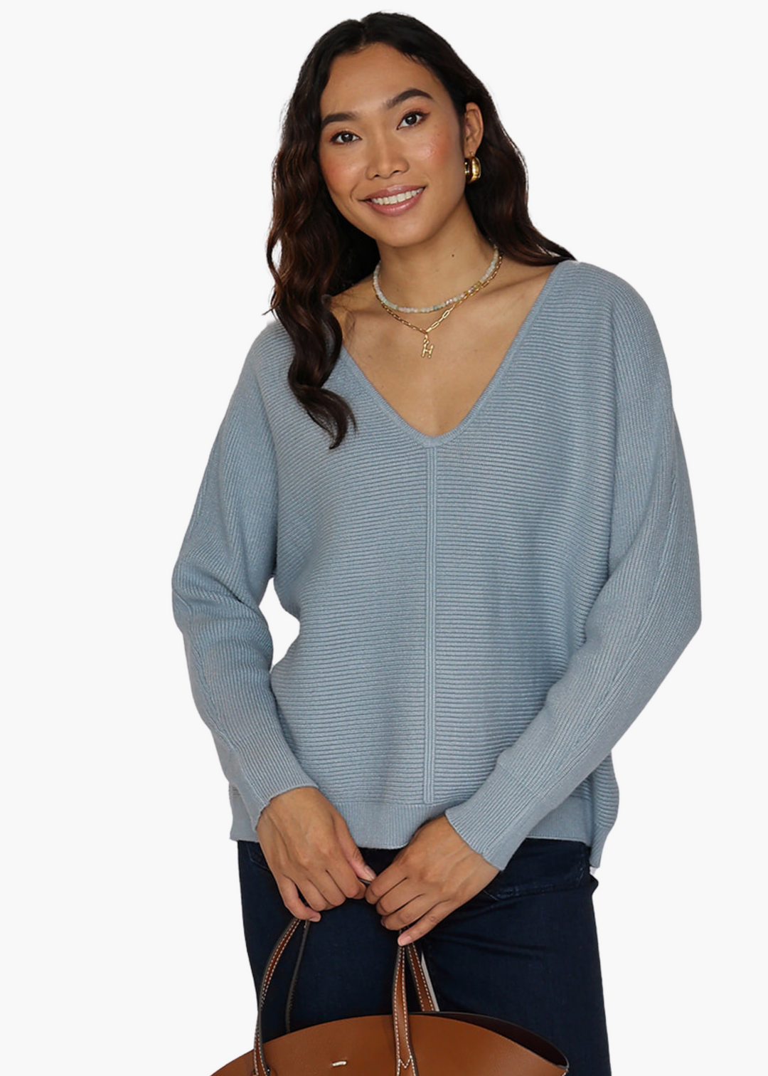 Elle V-Neck Ribbed Sweater in Dusty Blue