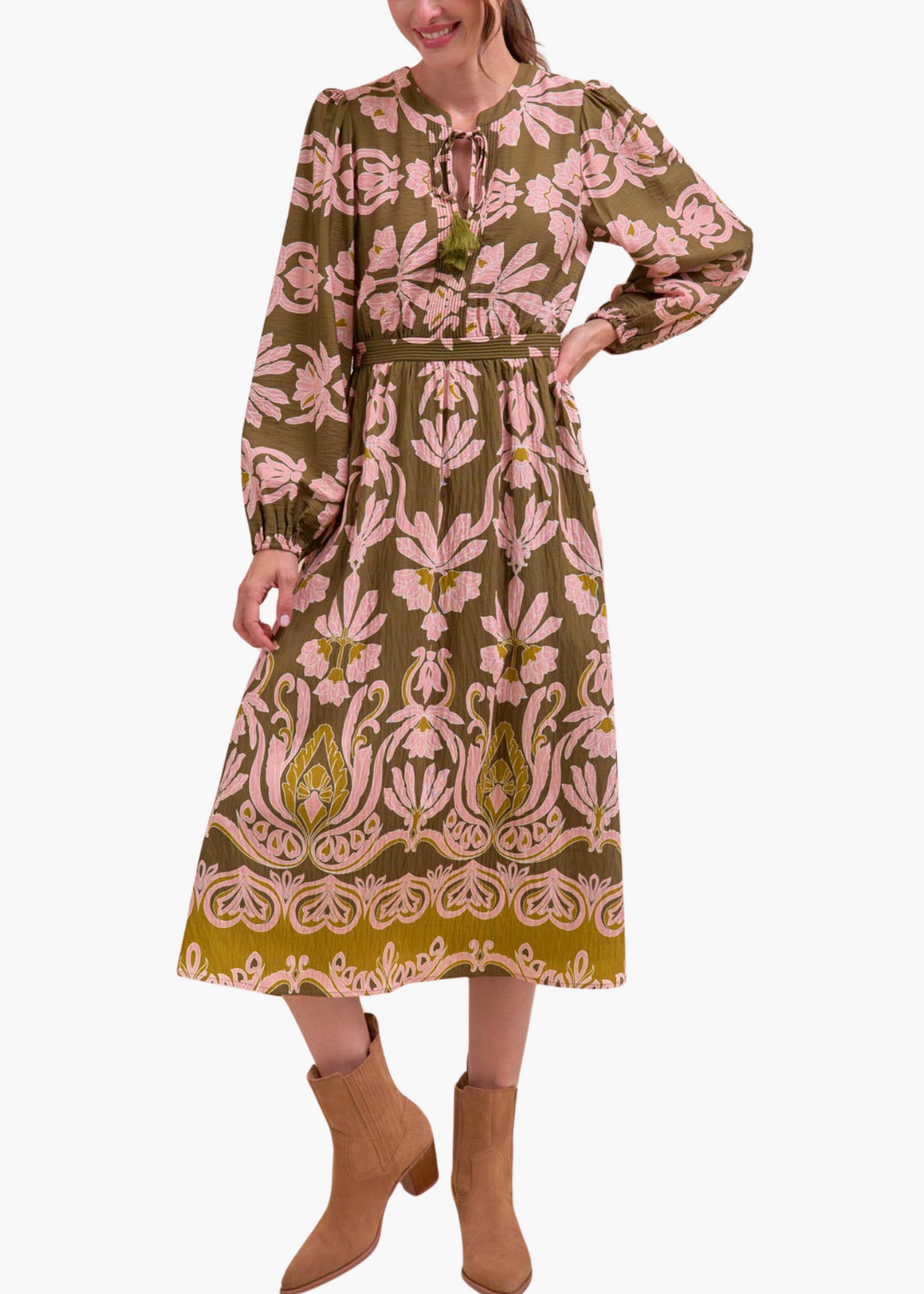 Logan Floral Print Midi Dress in Olive