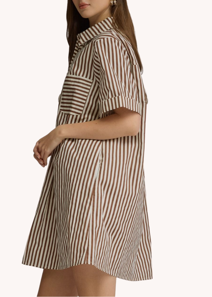 Caroline Cotton Mini Striped Dress in Brown