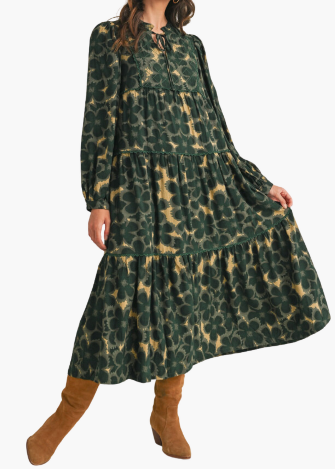 Louise Midi Dress in Hunter Green Floral