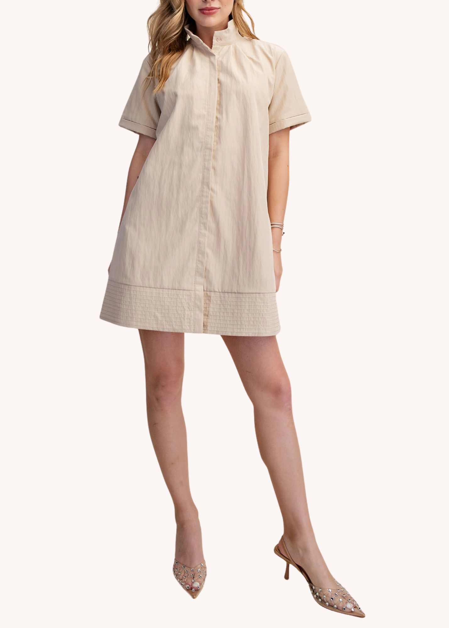 Chloe Stand Collar Mini Shirt Dress in Tan