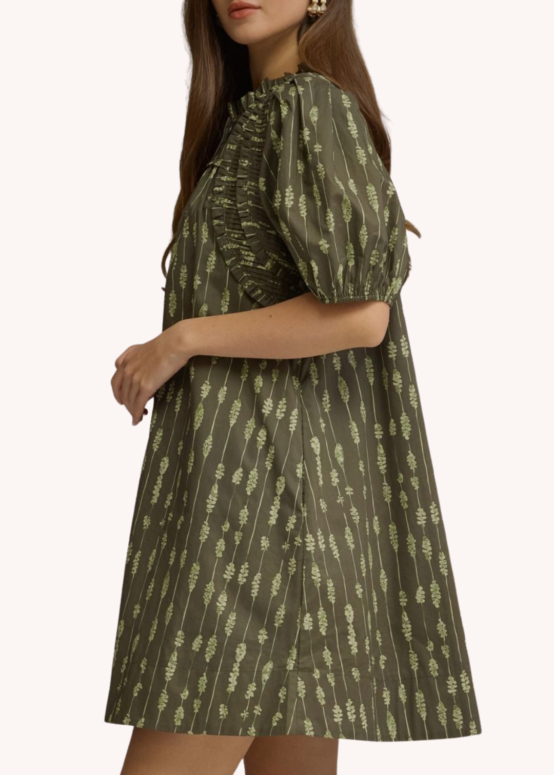 Collins Smocked Cotton Mini Dress in Olive