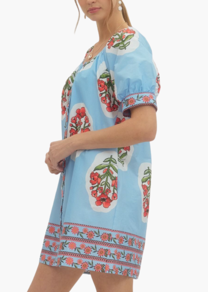 Sarah Blockprint Mini Dress in Light Blue