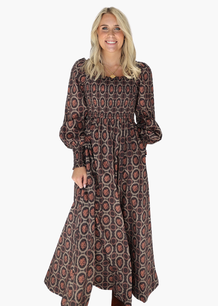 Smocked Square Neck Maxi Dress in Umber