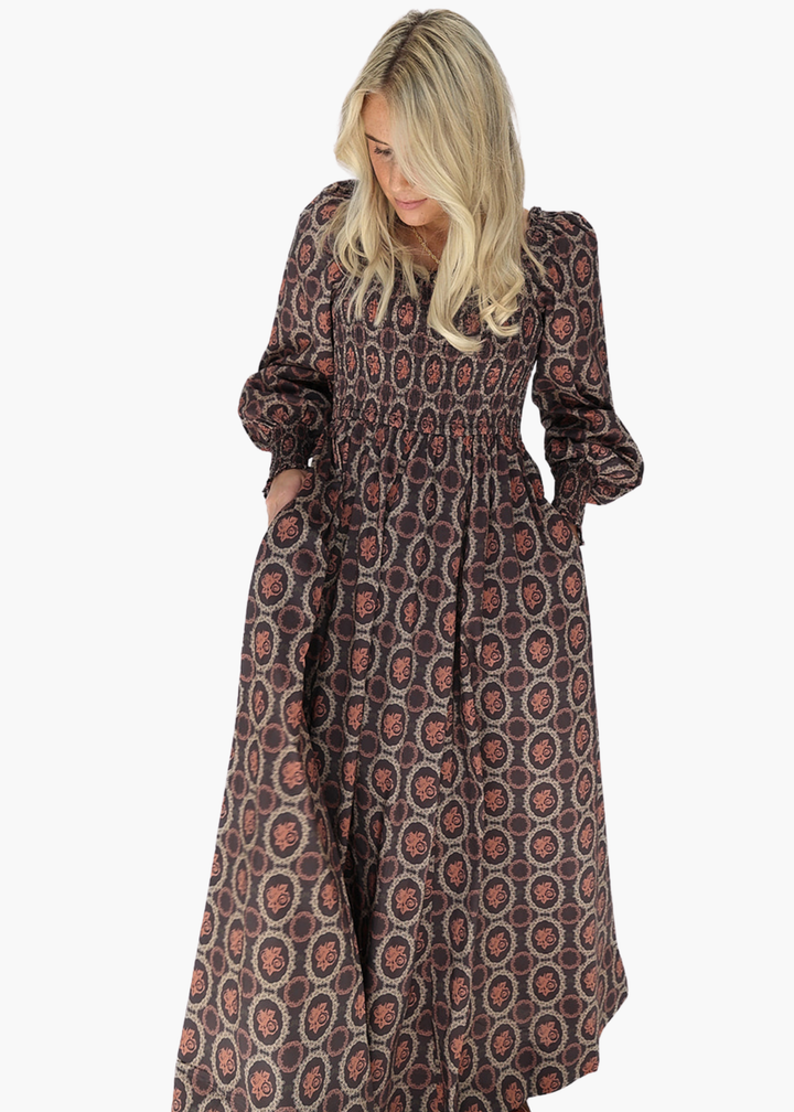 Smocked Square Neck Maxi Dress in Umber