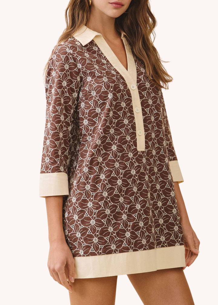 Floral Print Contrast Collar And Hem Tunic Dress