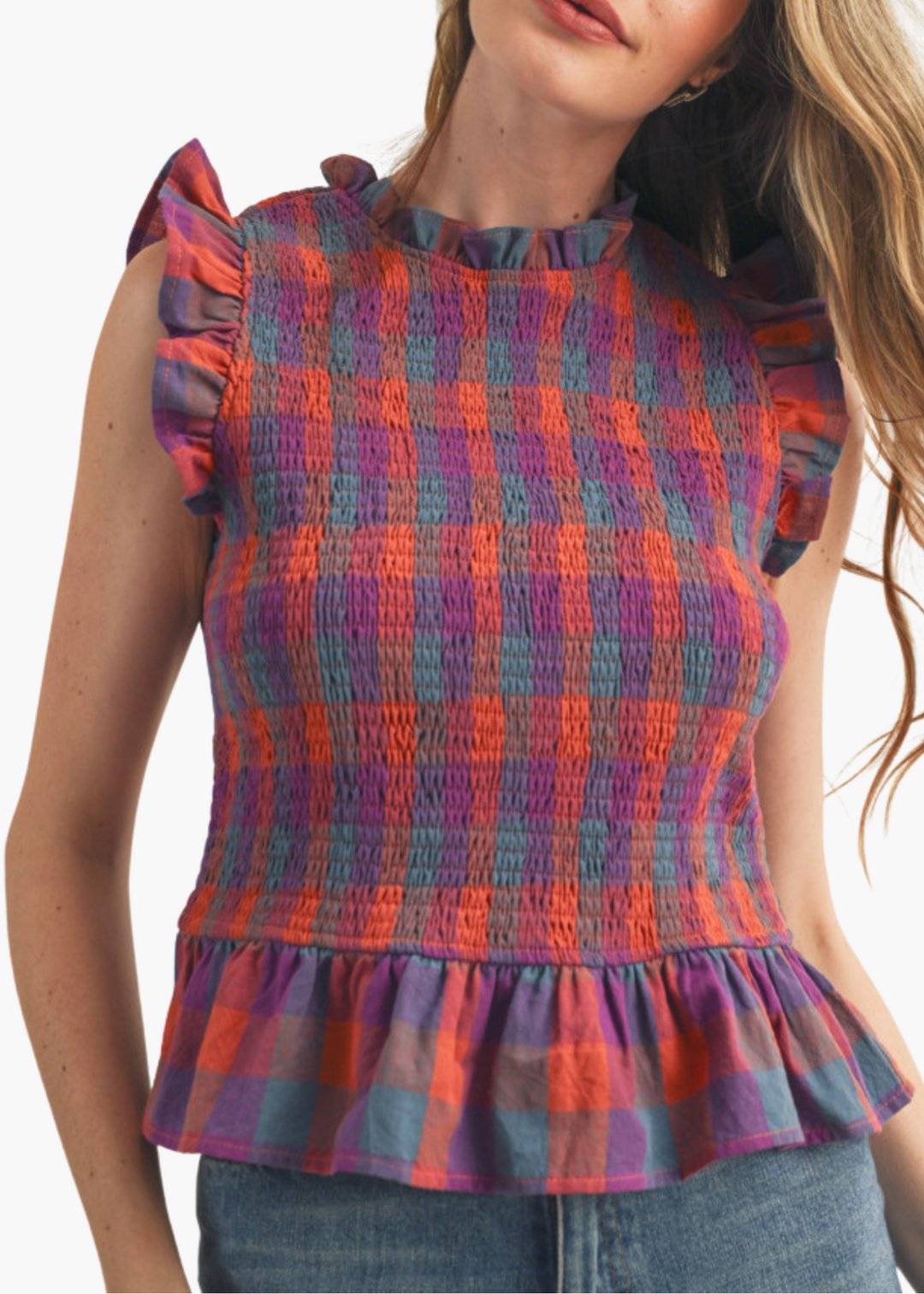 Marion Smocked Top in Mulberry Check