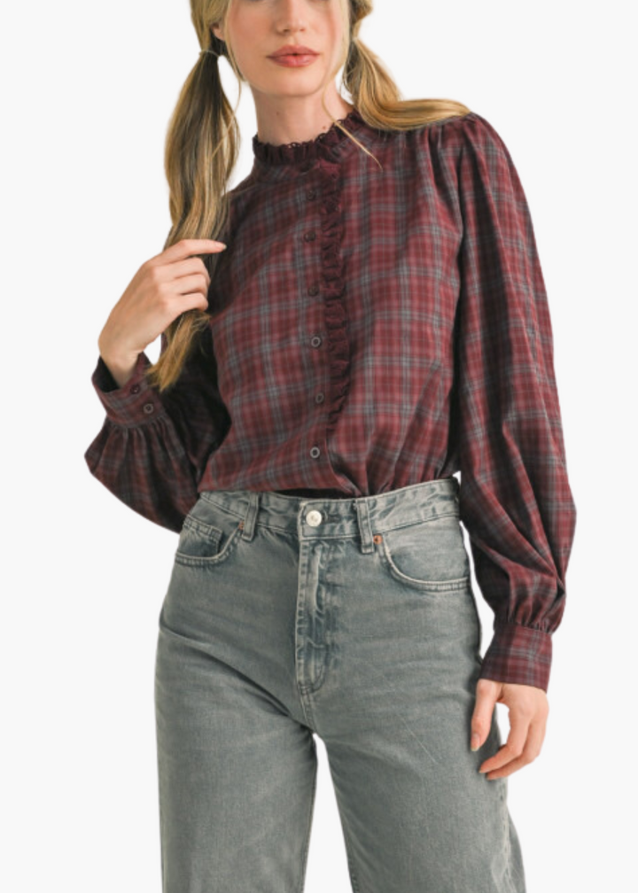 Winnie Top in Wine Plaid