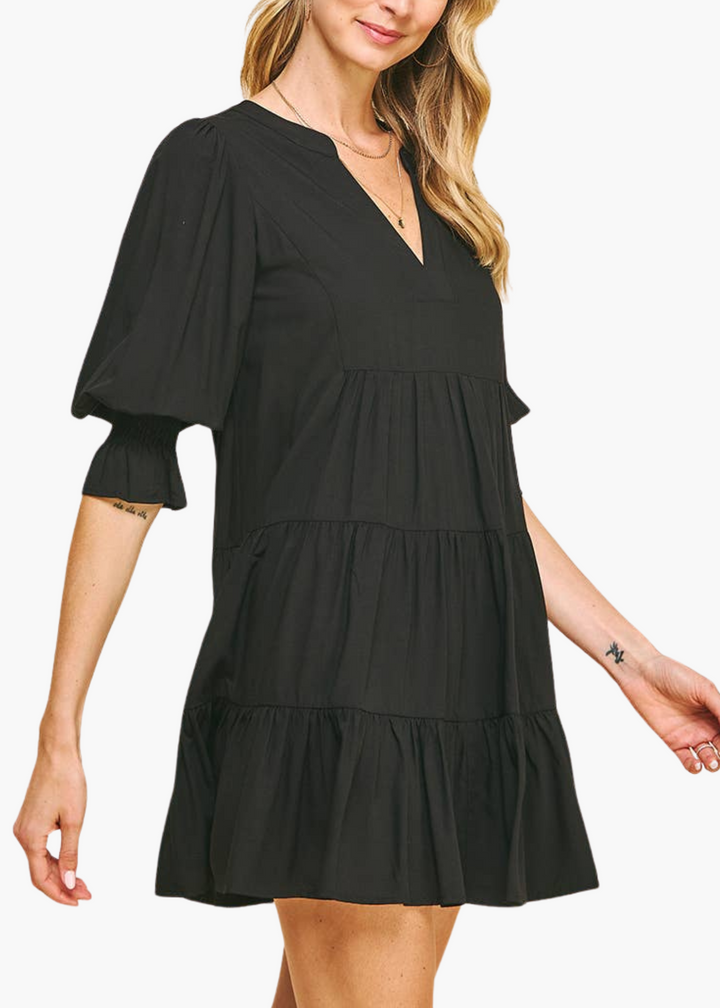 Hollis Smocked Sleeve V-Neck Dress in Black