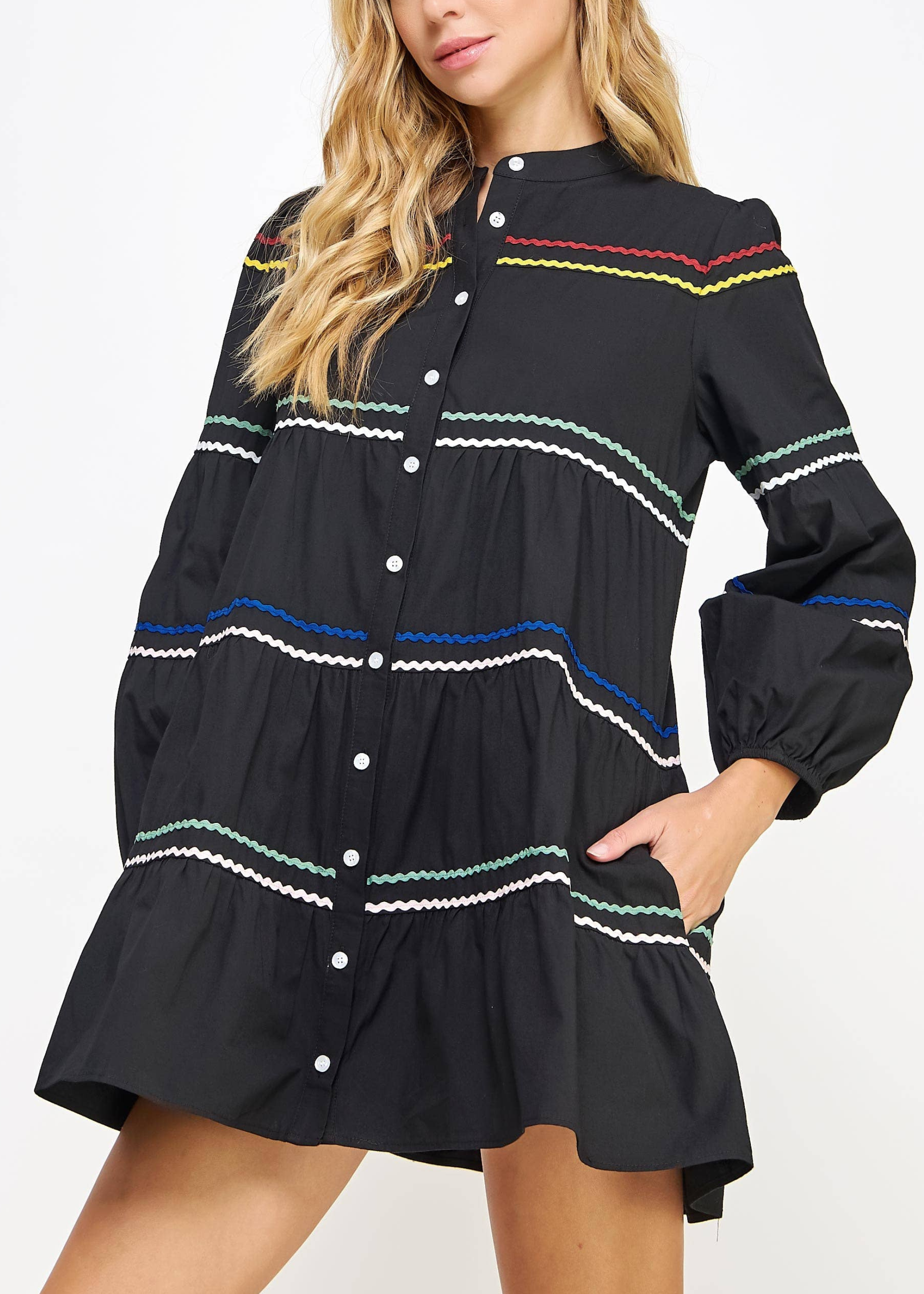 Ric-Rac Trim Mini Shirt Dress in Black