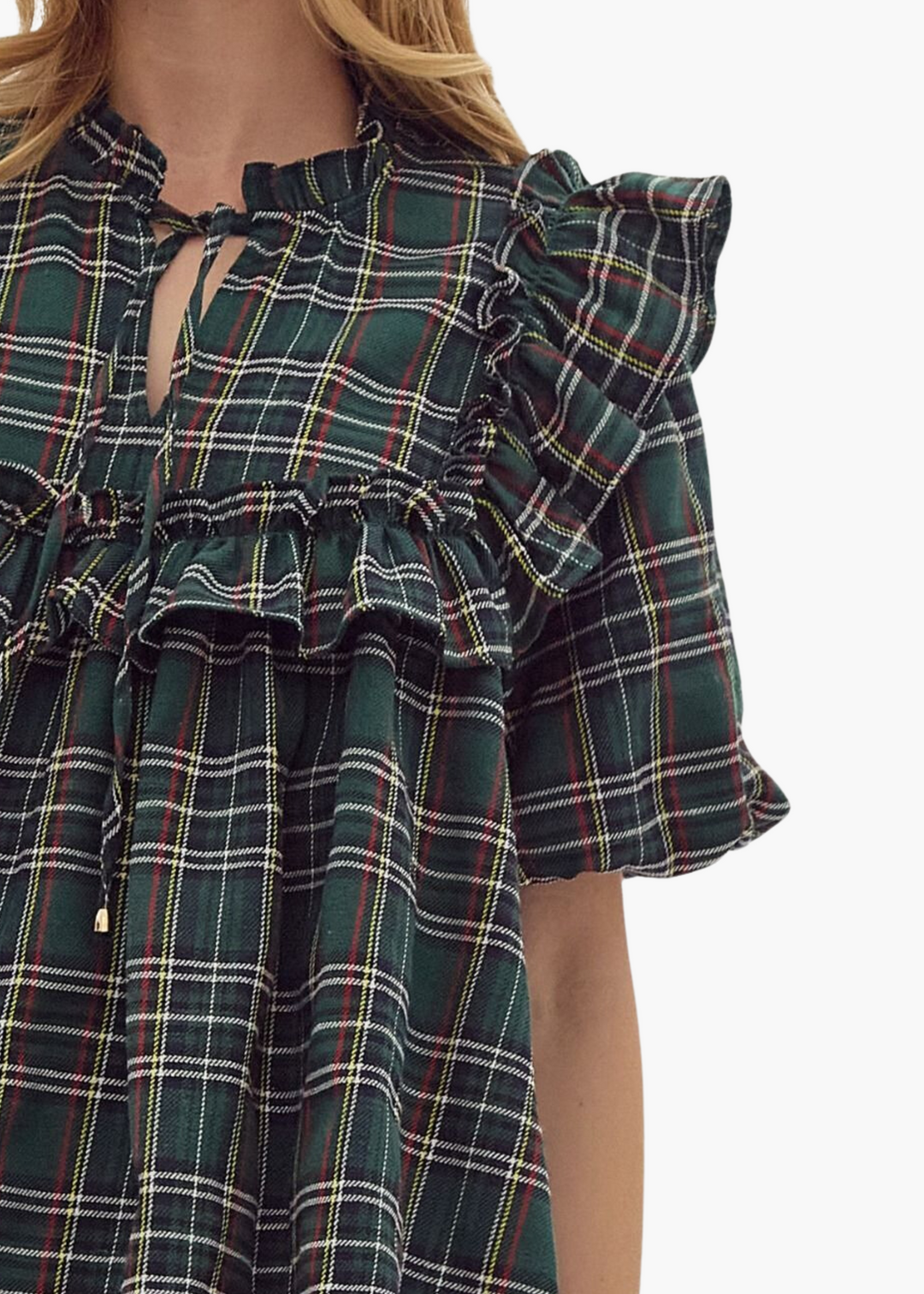 Evan Ruffle Top in Green Plaid