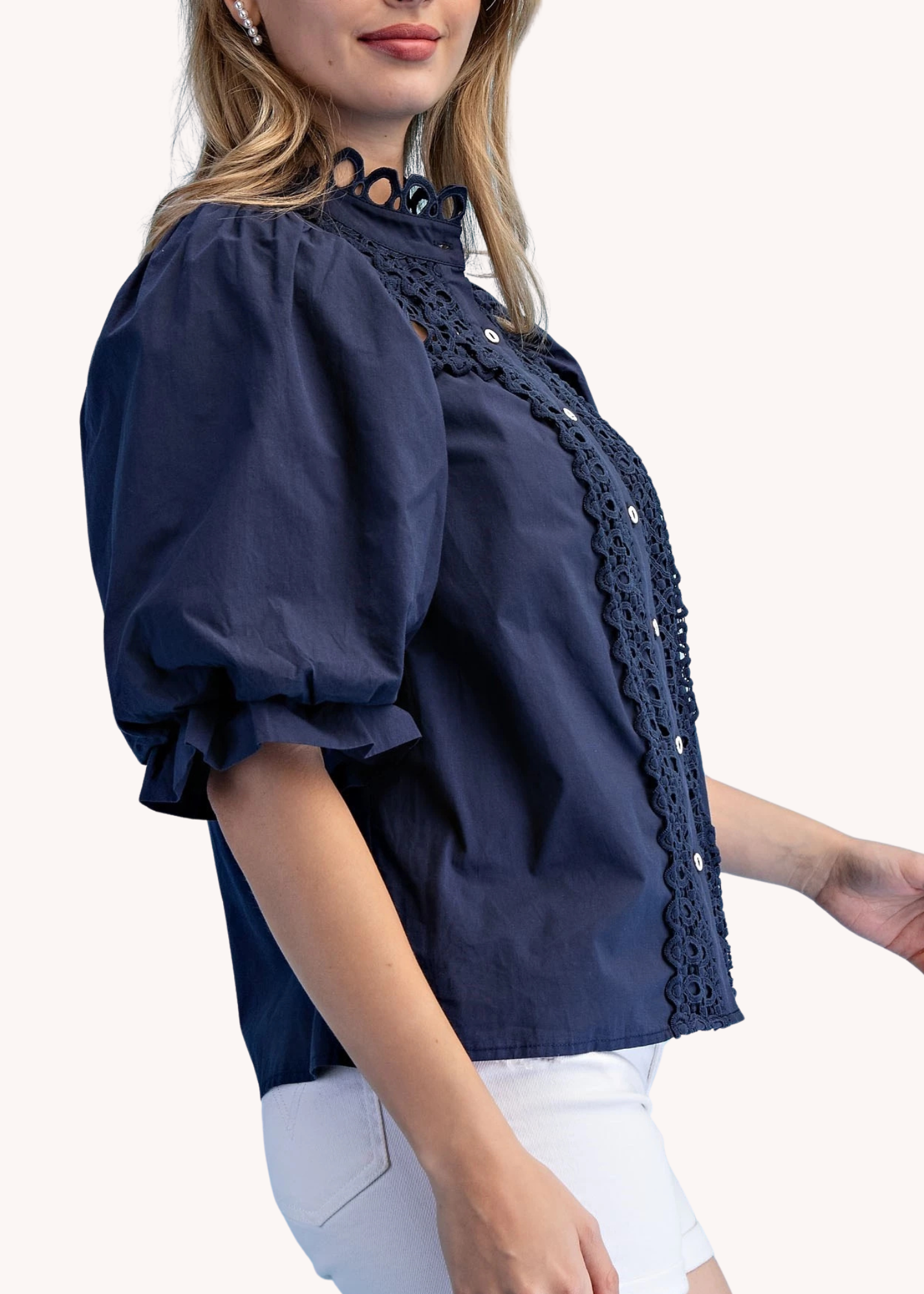 Marlena Puff Sleeve Top in Navy