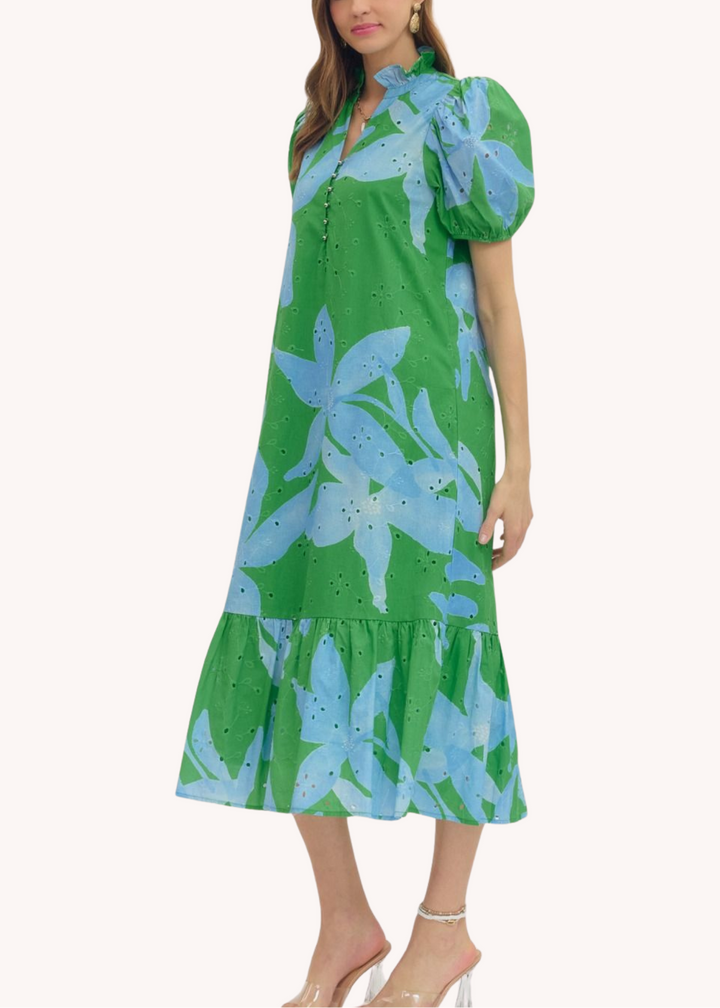 Botanical Cotton Midi Dress in Green