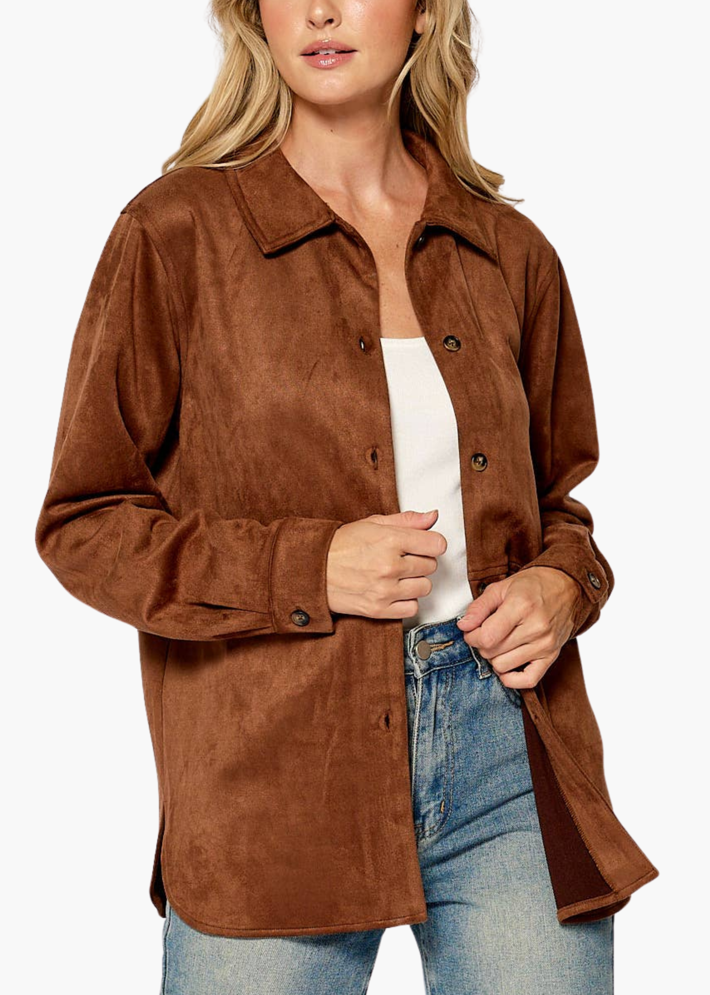 Genevieve Suede Button Up in Camel