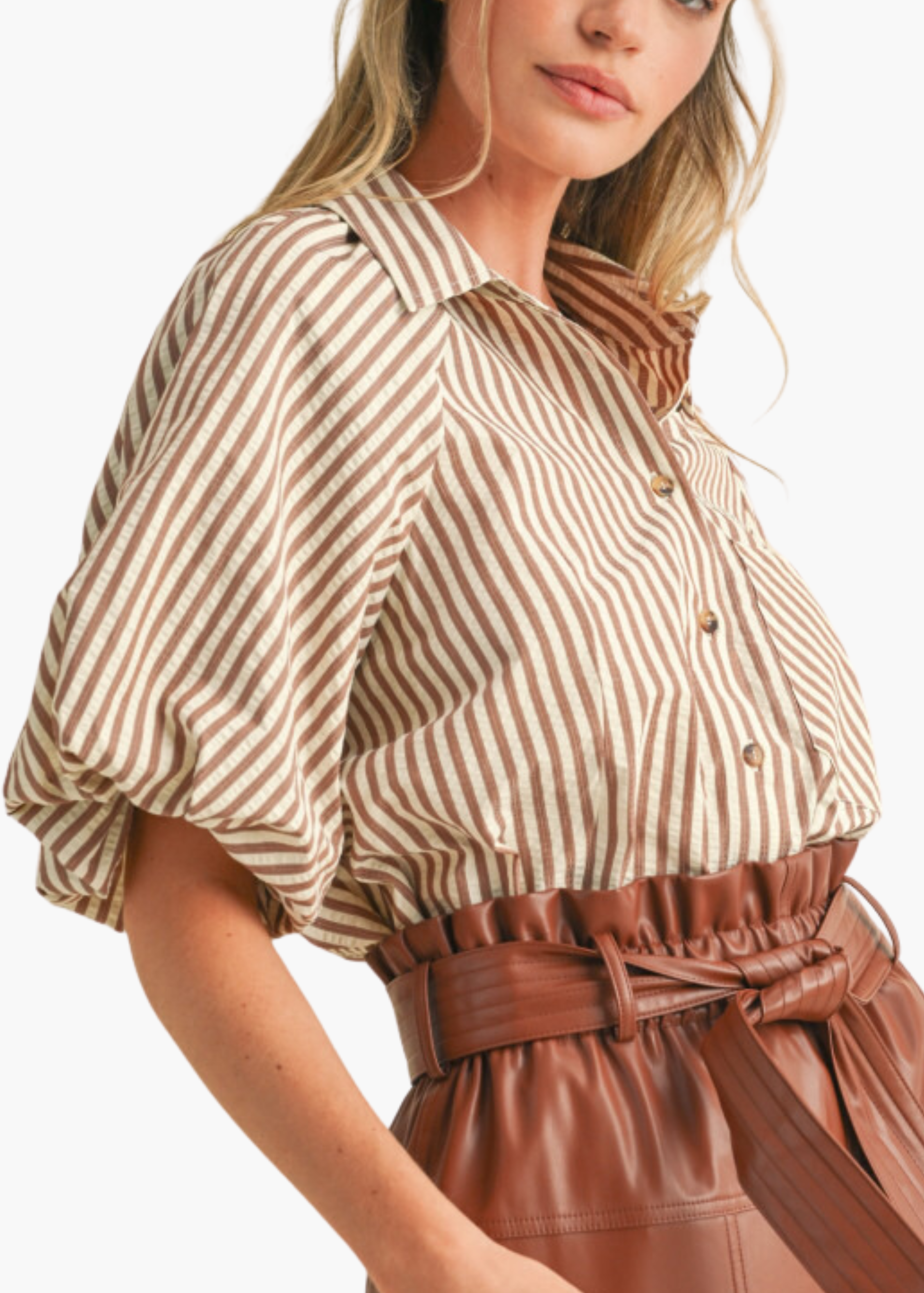 Marsella Button Up Top in Pecan Stripe