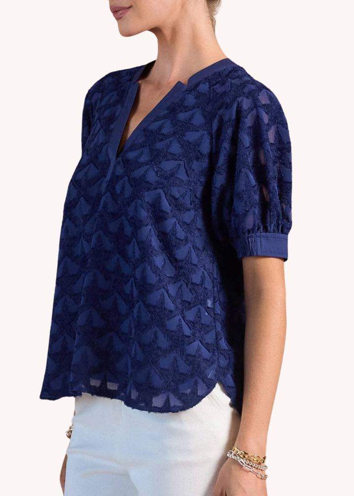 Textured Star Pattern Short Sleeve Blouse in Navy
