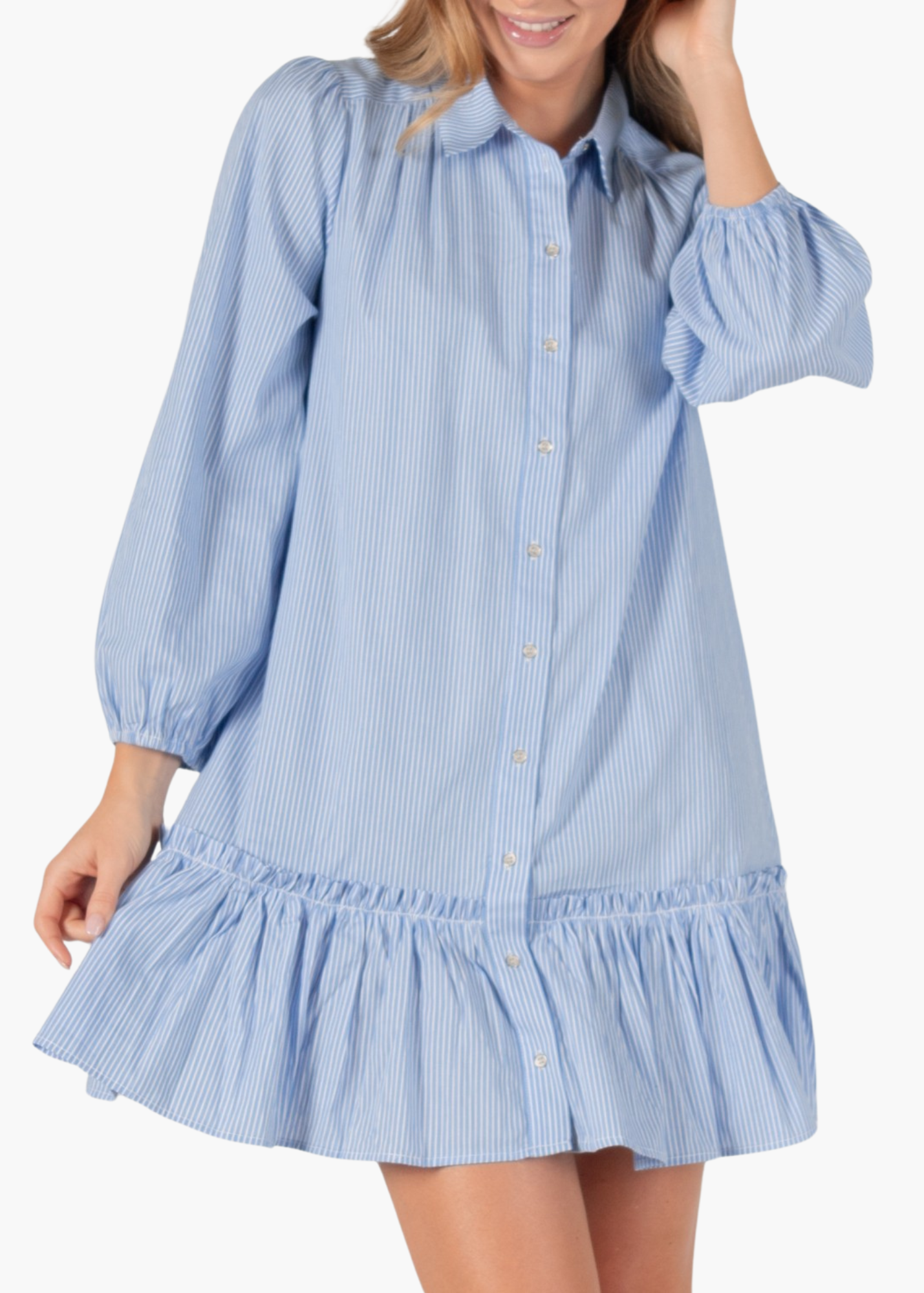 Striped Poplin Ruffled Hem Button Up Shirt Dress in Harbor Stripe